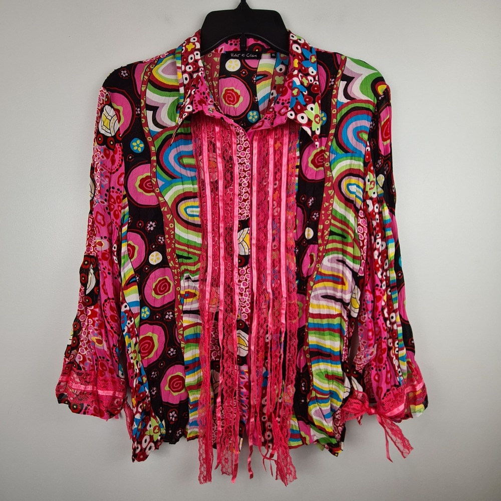 Violet & Claire XL Womens Psychedelic Boho Lace Trim Snap Front Blouse Pink  Fun